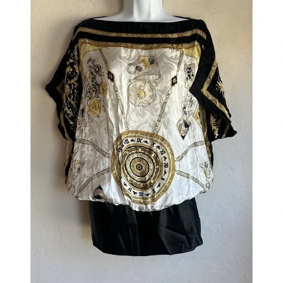 Y2K Cache 100% Silk Blouson Tunic Top M Tea Pot Print Baroque Chain Draped - Picture 3 of 12